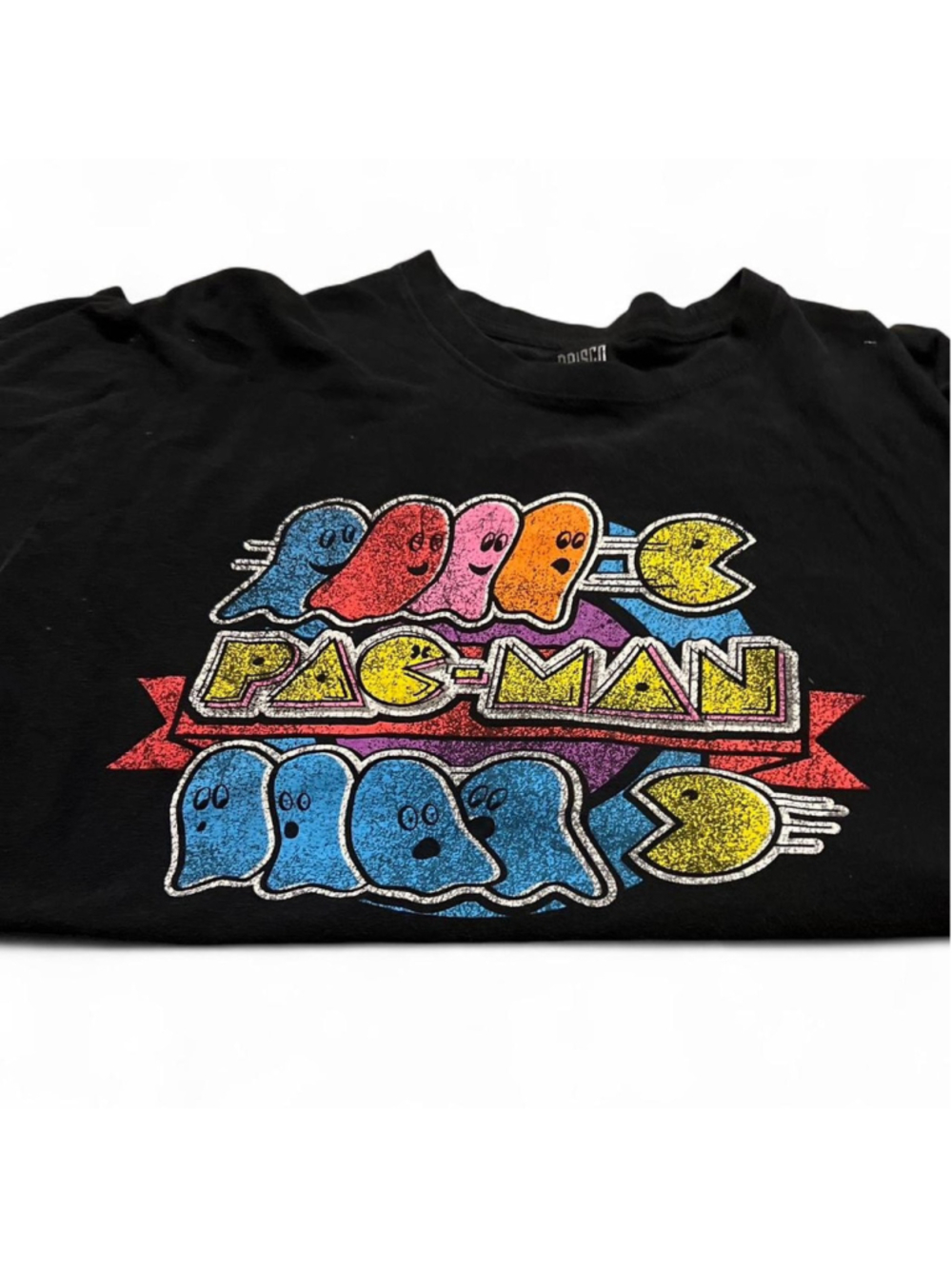 Retro Pac-Man graphic tee featuring colorful ghosts and distressed arcade-style - Picture 4 of 4